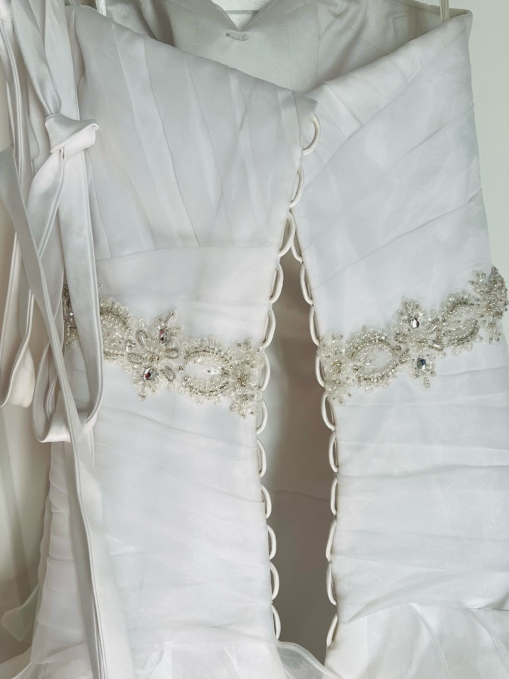 Romantic Strapless Ruffled White Wedding Gown with Beaded Waist - Picture 8 of 14